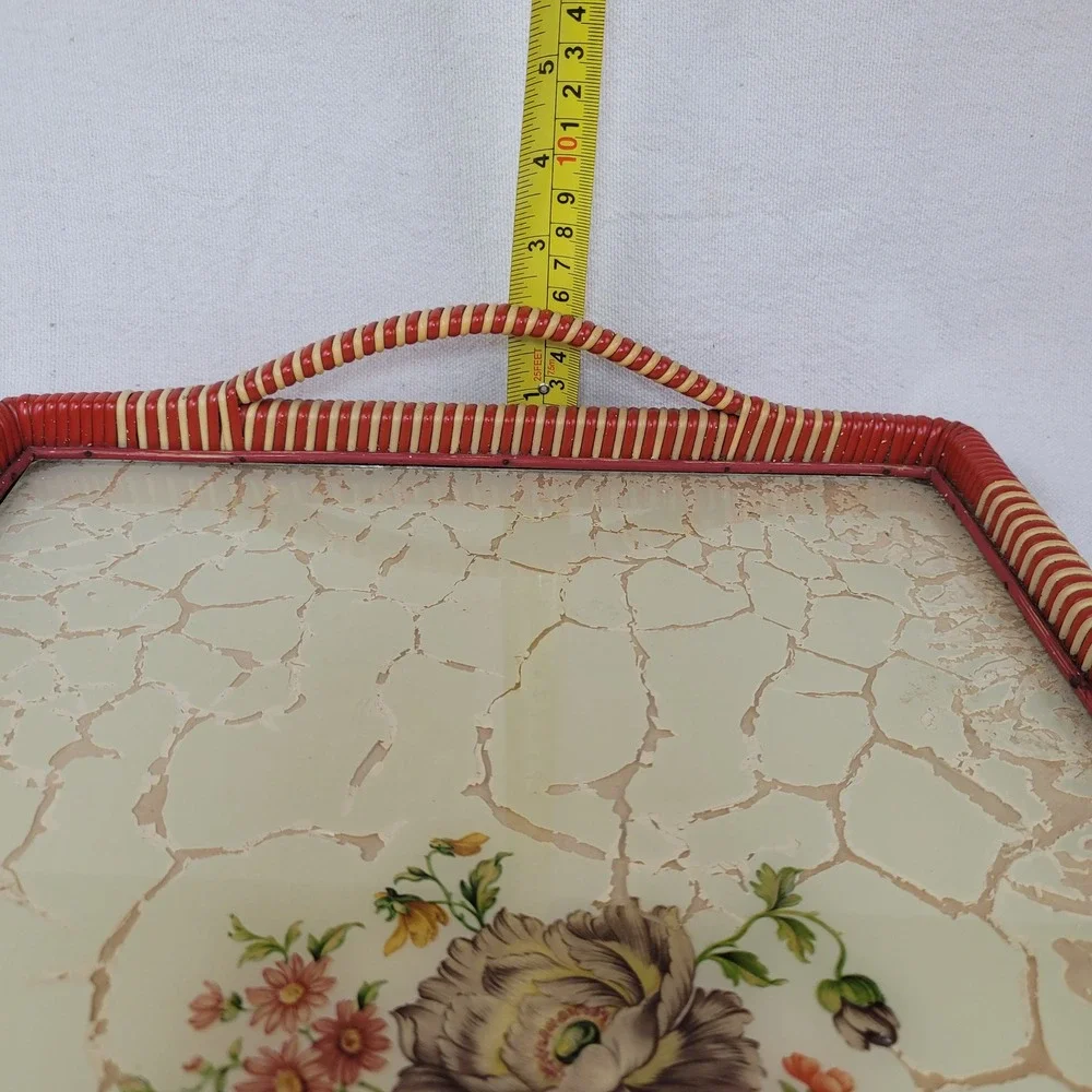 Vintage Floral Serving Tray Red Cream Wicker Trim Pansy Flower Crackle Finish